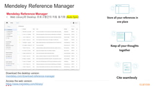 Mendeley Reference Manager
Mendeley Reference Manager
• Web Library와 Desktop 프로그램간의 자동 동기화 (Auto Sync)
Download the desktop version:
mendeley.com/download-reference-manager
Access the web version:
https://www.mendeley.com/library/
 