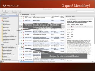 O que é Mendeley?




Grupos de refs. Dentro do Mendeley
       (organização de refs.)




                        Grupos de refs. compartilhados
 