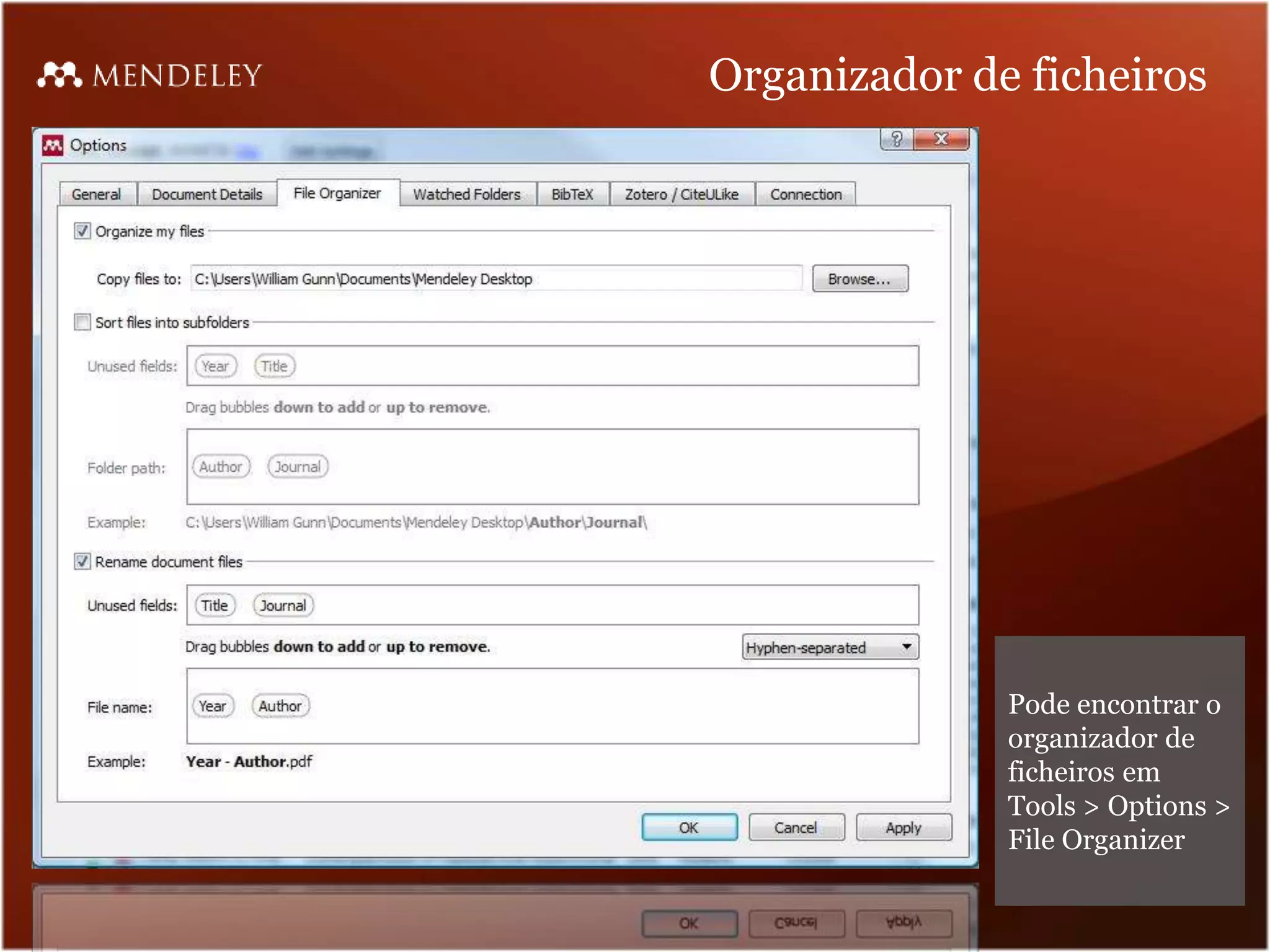 Organizador de ficheiros




              Pode encontrar o
              organizador de
              ficheiros em
              Tools > Options >
              File Organizer
 