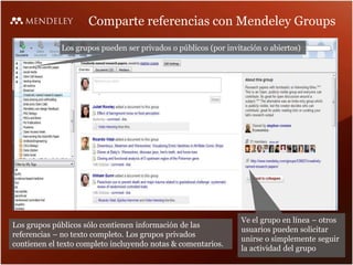Comparte referencias con Mendeley Groups
Los grupos pueden ser privados o públicos (por invitación o abiertos)
Ve el grupo en línea – otros
usuarios pueden solicitar
unirse o simplemente seguir
la actividad del grupo
Los grupos públicos sólo contienen información de las
referencias – no texto completo. Los grupos privados
contienen el texto completo incluyendo notas & comentarios.
 