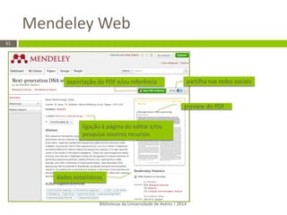 Mendeley Web 
Bibliotecas da Universidade de Aveiro | 2014 
61 
preview do PDF 
ligação à página do editor e/ou pesquisa noutros recursos 
dados estatísticos 
partilha nas redes sociais 
exportação do PDF e/ou referência  