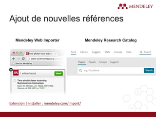 Ajout de nouvelles références
Mendeley Web Importer Mendeley Research Catalog
Extension à installer : mendeley.com/import/
 