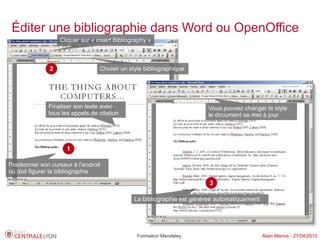 Éditer une bibliographie dans Word ou OpenOffice
                   Cliquer sur « insert Bibliography »



               2                  Choisir un style bibliographique




               Finaliser son texte avec                                  Vous pouvez changer le style :
               tous les appels de citation                               le document se met à jour




                      1

Positionner son curseur à l'endroit
où doit figurer la bibliographie
                                                                         3

                                               La bibliographie est générée automatiquement




                                                Formation Mendeley                            Alain Marois - 27/04/2010
 