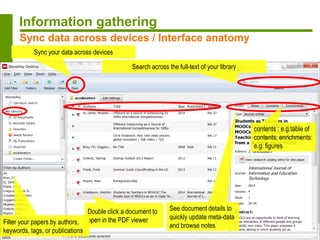 Search across the full-text of your library
Sync your data across devices
Double click a document to
open in the PDF viewerFilter your papers by authors,
keywords, tags, or publications
See document details to
quickly update meta-data
and browse notes
Information gathering
Sync data across devices / Interface anatomy
contents : e.g.table of
contents; enrichments:
e.g. figures
 