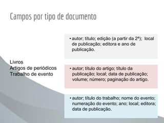 Campos por tipo de documento
• autor; título; edição (a partir da 2ª); local
de publicação; editora e ano de
publicação.
Livros
Artigos de periódicos
Trabalho de evento
• autor; título do artigo; título da
publicação; local; data de publicação;
volume; número; paginação do artigo.
• autor; título do trabalho; nome do evento;
numeração do evento; ano; local; editora;
data de publicação.
 
