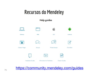 75
Recursos do Mendeley
https://community.mendeley.com/guides
 