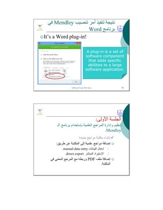 ‫ﺗﻨﺼﯿﺐ‬ ‫أﻣﺮ‬ ‫ﺗﻨﻔﯿﺬ‬ ‫ﻧﺘﯿﺠﺔ‬Mendley‫ﻓﻲ‬
‫ﺑﺮﻧﺎﻣﺞ‬Word
It’s a Word plug-in!
‫اﻟﻌﻠﻣﯾﺔ‬ ‫اﻟﻣراﺟﻊ‬ ‫وﺗﺑوﯾب‬ ‫ﻛﺗﺎﺑﺔ‬ ‫ﺑرﻣﺟﯾﺎت‬. 70
A plug-in is a set of
software component
that adds specific
abilities to a large
software application.
‫اﻷوﻟﻰ‬ ‫اﻟﺠﻠﺴﺔ‬:
‫اﻟﻌﻠﻤﯿﺔ‬ ‫اﻟﻤﺮاﺟﻊ‬ ‫وإدارة‬ ‫ﺗﻨﻈﯿﻢ‬‫ﺑﺈﺳﺘﺨﺪام‬‫اﻟـ‬ ‫ﺑﺮﻧﺎﻣﺞ‬
Mendley.
‫ﺟﺪﯾﺪة‬ ‫ﻣﺮاﺟﻊ‬ ‫ﻣﻜﺘﺒﺔ‬ ‫إﻧﺸﺎء‬
‫طﺮﯾﻖ‬ ‫ﻋﻦ‬ ‫اﻟﻤﻜﺘﺒﺔ‬ ‫إﻟﻰ‬ ‫ﻋﻠﻤﯿﺔ‬ ‫ﻣﺮاﺟﻊ‬ ‫إﺿﺎﻓﺔ‬:
.1‫اﻟﺒﯿﺎﻧﺎت‬ ‫إدﺧﺎل‬manual data entry.
.2‫اﻹﺳﺘﯿﺮاد‬‫اﻟﻤﺒﺎﺷﺮ‬direct export.
‫ﻣﻠﻒ‬ ‫إﺿﺎﻓﺔ‬PDF‫ﻓﻲ‬ ‫اﻟﻤﻌﻨﻲ‬ ‫اﻟﻤﺮﺟﻊ‬ ‫ﻣﻊ‬ ‫ورﺑﻄﮫ‬
‫اﻟﻤﻜﺘﺒﺔ‬.
 