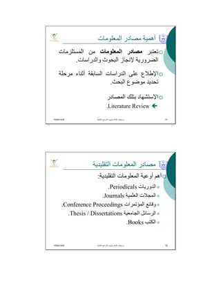 10/04/1435 11
‫اﻟﻤﻌﻠﻮﻣﺎت‬ ‫ﻣﺼﺎدر‬ ‫أھﻤﯿﺔ‬
‫ﺗﻌﺘﺒﺮ‬‫ﻣﺼﺎدر‬‫اﻟﻤﻌﻠﻮﻣﺎت‬‫ﻣﻦ‬‫اﻟﻤﺴﺘﻠﺰﻣﺎت‬
‫اﻟﻀﺮورﯾﺔ‬‫ﻹﻧﺠﺎز‬‫اﻟﺒﺤﻮث‬‫واﻟﺪراﺳﺎت‬.
‫اﻹطﻼع‬‫ﻋﻠﻰ‬‫اﻟﺪراﺳﺎت‬‫اﻟﺴﺎﺑﻘﺔ‬‫أﺛﻨﺎء‬‫ﻣﺮﺣﻠﺔ‬
‫ﺗﺤﺪﯾﺪ‬‫ﻣﻮﺿﻮع‬‫اﻟﺒﺤﺚ‬.
‫اﻹﺳﺘﺸﮭﺎد‬‫ﺑﺘﻠﻚ‬‫اﻟﻤﺼﺎدر‬
Literature Review.
‫اﻟﻌﻠﻣﯾﺔ‬ ‫اﻟﻣراﺟﻊ‬ ‫وﺗﺑوﯾب‬ ‫ﻛﺗﺎﺑﺔ‬ ‫ﺑرﻣﺟﯾﺎت‬. 11
10/04/1435 13
‫اﻟﺘﻘﻠﯿﺪﯾﺔ‬ ‫اﻟﻤﻌﻠﻮﻣﺎت‬ ‫ﻣﺼﺎدر‬
‫اﻟﺘﻘﻠﯿﺪﯾﺔ‬ ‫اﻟﻤﻌﻠﻮﻣﺎت‬ ‫أوﻋﯿﺔ‬ ‫أھﻢ‬:
‫اﻟﺪورﯾﺎت‬Periodicals.
‫اﻟﻌﻠﻤﯿﺔ‬ ‫اﻟﻤﺠﻼت‬Journals.
‫اﻟﻤﺆﺗﻤﺮات‬ ‫وﻗﺎﺋﻊ‬Conference Proceedings.
‫اﻟﺠﺎﻣﻌﯿﺔ‬ ‫اﻟﺮﺳﺎﺋﻞ‬Thesis / Dissertations.
‫اﻟﻜﺘﺐ‬Books.
‫اﻟﻌﻠﻣﯾﺔ‬ ‫اﻟﻣراﺟﻊ‬ ‫وﺗﺑوﯾب‬ ‫ﻛﺗﺎﺑﺔ‬ ‫ﺑرﻣﺟﯾﺎت‬. 13
 