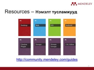 37
Resources – Нэмэлт тусламжууд
http://community.mendeley.com/guides
 