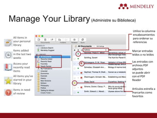 Manage Your Library(Administre su Biblioteca)
Utilice la columna
encabezamientos
para ordenar su
referencias
Marcar entradas
leídos o no leídos
Las entradas con
archivos PDF
adjuntos
se puede abrir
con el PDF
Reader
Artículos estrella a
marcarlos como
favoritos
All items in
your personal
library
Items added
in the last two
weeks
Access your
recently read
items
All items you’ve
starred in your
library
Items in need
of review
 