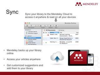 Sync Sync your library to the Mendeley Cloud to
access it anywhere & read on all your devices
• Mendeley backs up your library
online
• Access your articles anywhere
• Get customized suggestions and
add them to your library
 