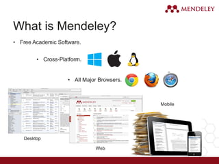 What is Mendeley?
Desktop
Web
Mobile
• Free Academic Software.
• Cross-Platform.
• All Major Browsers.
 