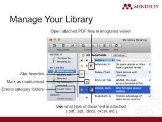 Manage Your Library
Create category folders
See what type of document is attached
(.pdf, .ppt, .docx, excel, etc.)
Open attached PDF files in integrated viewer
Star favorites
Mark as read/unread
 