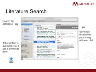 Literature Search
Search the
catalogue
If the full text is
available, you’ll
see a download
icon:
Save new
research to
your library
with one click
 