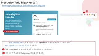 Mendeley Web Importer 설치
mendeley.com/reference-management/web-importer
2
www.mendeley.com 접속 후 페이지 하단의 “Downloads” 메뉴에서 설치 페이지 확인 됩니다.
Web Importer 프로그램 설치 페이지로 이동 후
“Get Web Importer for Chrome”클릭하여 프로그램 설치 진행 합니다.
브라우저 우측 상단에 Web importer 로고를 확인 합니다.
1
1
2
 