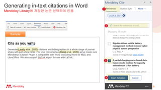 Generating in-text citations in Word
Mendeley Library에 저장된 논문 선택하여 인용
Sample
1
2
3
4
 