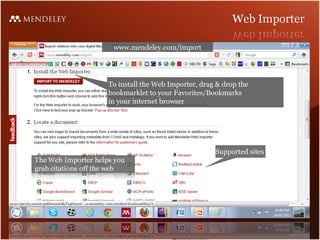 www.mendeley.com/import
To install the Web Importer, drag & drop the
bookmarklet to your Favorites/Bookmarks
in your internet browser
Supported sites
 