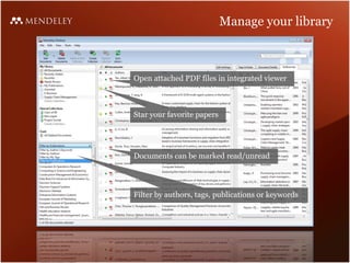 Manage your library Star your favorite papers Documents can be marked read/unread Filter by authors, tags, publications or...