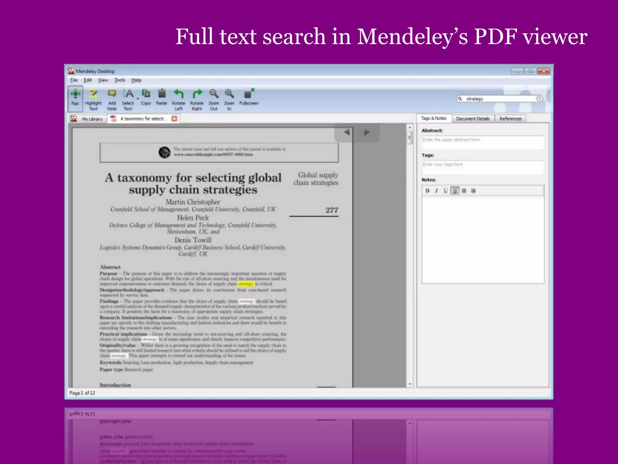 Full text search in Mendeley’s PDF viewer
 