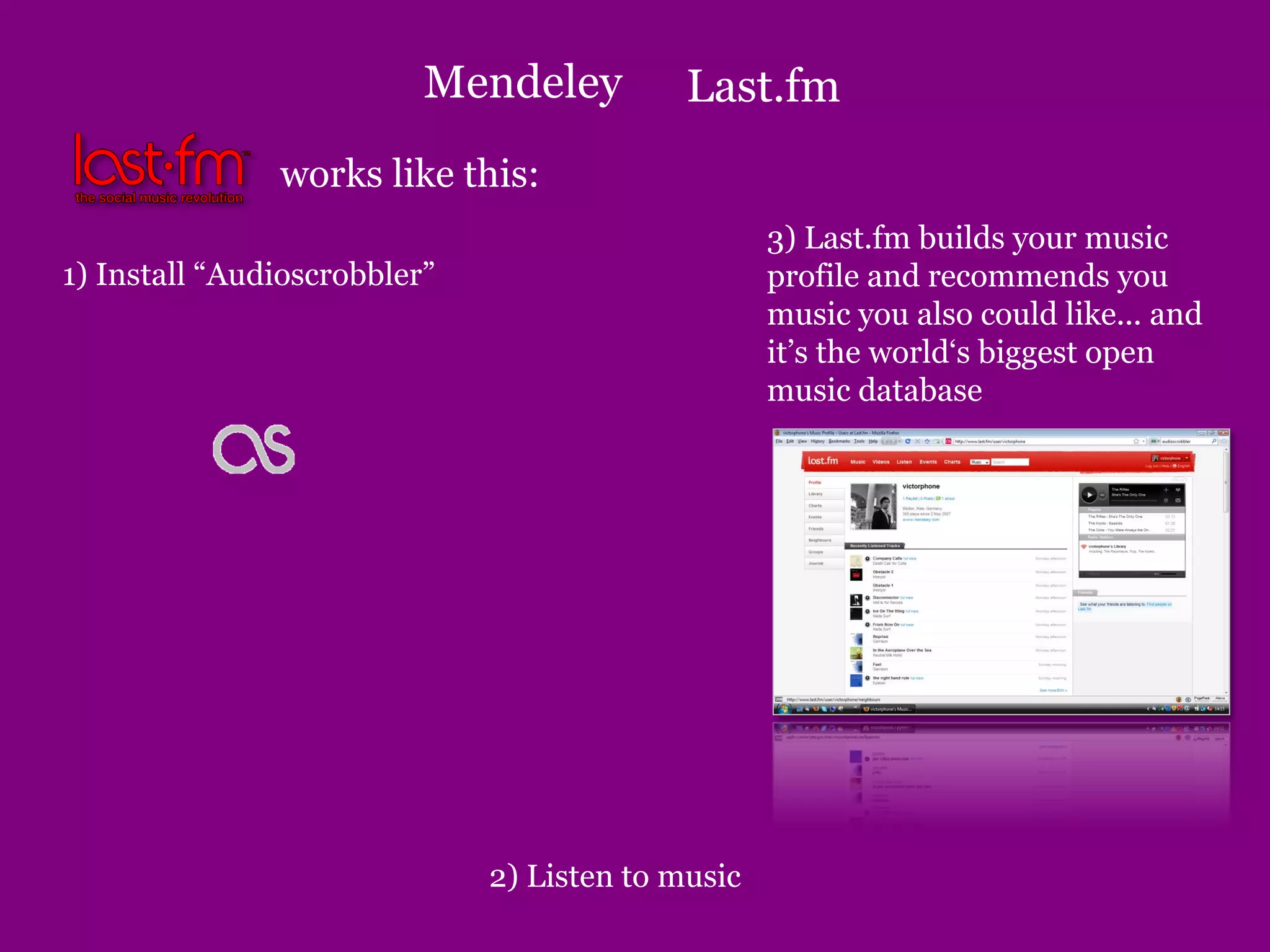 works like this:
1) Install “Audioscrobbler”
2) Listen to music
3) Last.fm builds your music
profile and recommends you
music you also could like... and
it’s the world‘s biggest open
music database
Last.fm
Mendeley
 