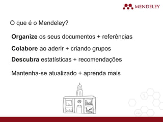 O que é o Mendeley?
Organize os seus documentos + referências
Colabore ao aderir + criando grupos
Descubra estatísticas + recomendações
Mantenha-se atualizado + aprenda mais
 