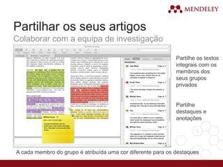 Partilhar os seus artigos
Colaborar com a equipa de investigação
Partilhe os textos
integrais com os
membros dos
seus grupos
privados
Partilhe
destaques e
anotações
A cada membro do grupo é atribuída uma cor diferente para os destaques
 