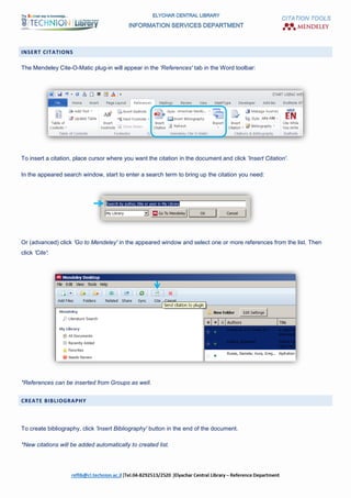 CITATION TOOLS
INSERT CITATIONS
The Mendeley Cite-O-Matic plug-in will appear in the 'References' tab in the Word toolbar:
To insert a citation, place cursor where you want the citation in the document and click 'Insert Citation'.
In the appeared search window, start to enter a search term to bring up the citation you need:
Or (advanced) click 'Go to Mendeley' in the appeared window and select one or more references from the list. Then
click 'Cite':
*References can be inserted from Groups as well.
CREATE BIBLIOGRAPHY
To create bibliography, click 'Insert Bibliography' button in the end of the document.
*New citations will be added automatically to created list.
 