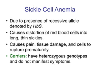 Sickle Cell Anemia
• Due to presence of recessive allele
denoted by HbS.
• Causes distortion of red blood cells into
long, thin sickles.
• Causes pain, tissue damage, and cells to
rupture prematurely.
• Carriers: have heterozygous genotypes
and do not manifest symptoms.
 