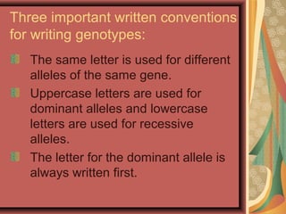 Three important written conventions
for writing genotypes:
The same letter is used for different
alleles of the same gene.
Uppercase letters are used for
dominant alleles and lowercase
letters are used for recessive
alleles.
The letter for the dominant allele is
always written first.
 