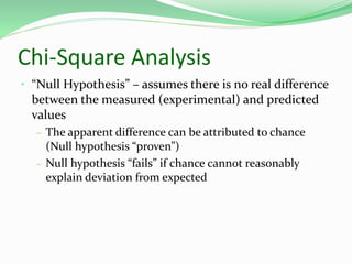 Chi-Square Analysis
• “Null Hypothesis” – assumes there is no real difference
between the measured (experimental) and predicted
values
– The apparent difference can be attributed to chance
(Null hypothesis “proven”)
– Null hypothesis “fails” if chance cannot reasonably
explain deviation from expected
 