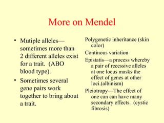 More on Mendel
• Mutiple alleles—
sometimes more than
2 different alleles exist
for a trait. (ABO
blood type).
• Sometimes several
gene pairs work
together to bring about
a trait.
Polygenetic inheritance (skin
color)
Continous variation
Epistatis—a process whereby
a pair of recessive alleles
at one locus masks the
effect of genes at other
loci.(albinism)
Pleiotropy—The effect of
one can can have many
secondary effects. (cystic
fibrosis)
 