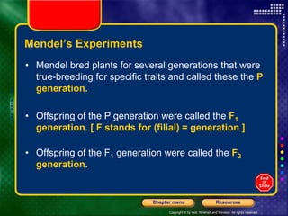 Copyright © by Holt, Rinehart and Winston. All rights reserved.
Resources
Chapter menu
Mendel’s Experiments
• Mendel bred plants for several generations that were
true-breeding for specific traits and called these the P
generation.
• Offspring of the P generation were called the F1
generation. [ F stands for (filial) = generation ]
• Offspring of the F1 generation were called the F2
generation.
 