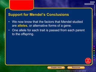 Copyright © by Holt, Rinehart and Winston. All rights reserved.
Resources
Chapter menu
Support for Mendel’s Conclusions
• We now know that the factors that Mendel studied
are alleles, or alternative forms of a gene.
• One allele for each trait is passed from each parent
to the offspring.
 