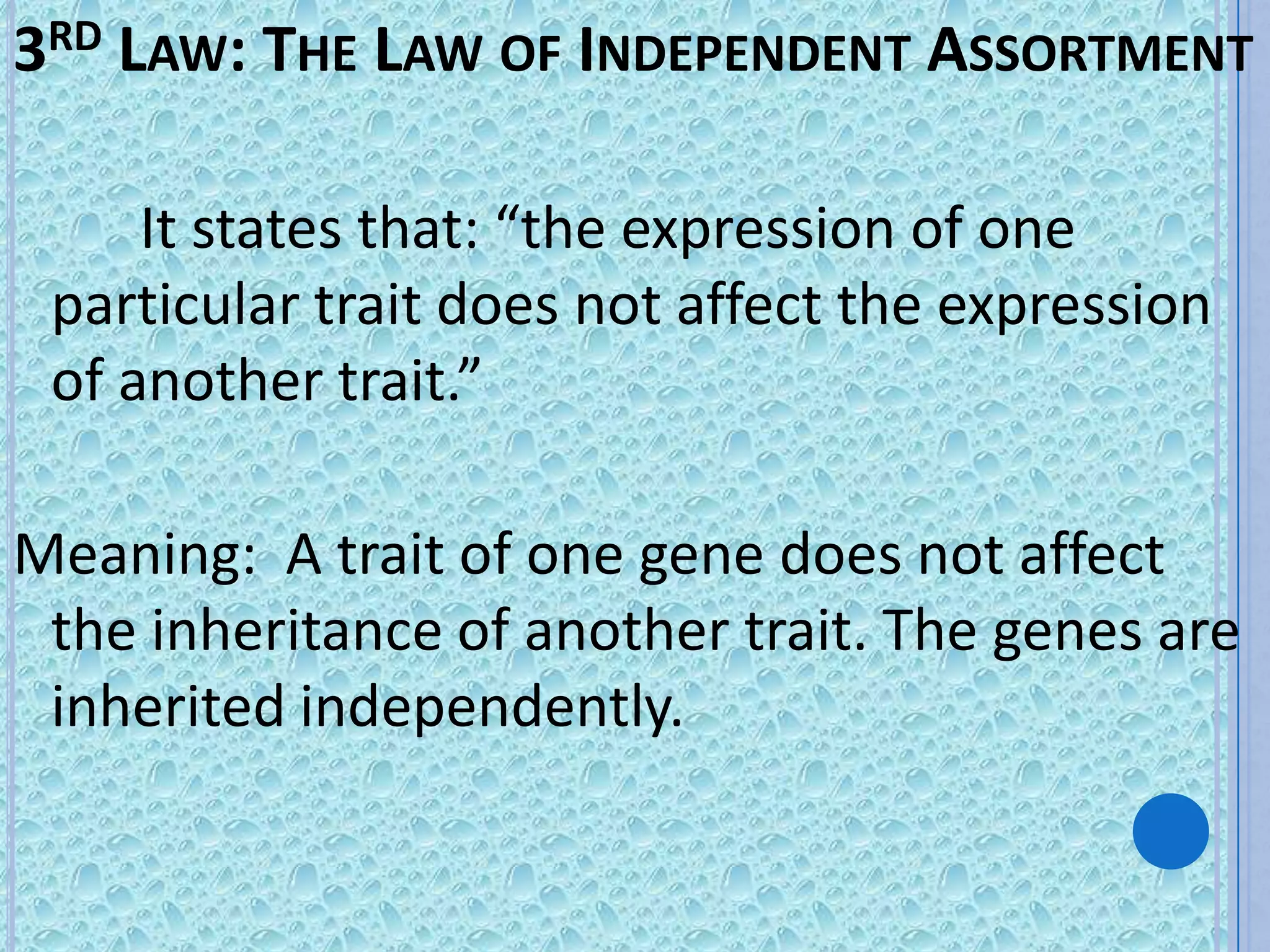 3RD LAW: THE LAW OF INDEPENDENT ASSORTMENT

     It states that: “the expression of one
 particular trait does not affect the expression
 of another trait.”

Meaning: A trait of one gene does not affect
 the inheritance of another trait. The genes are
 inherited independently.
 