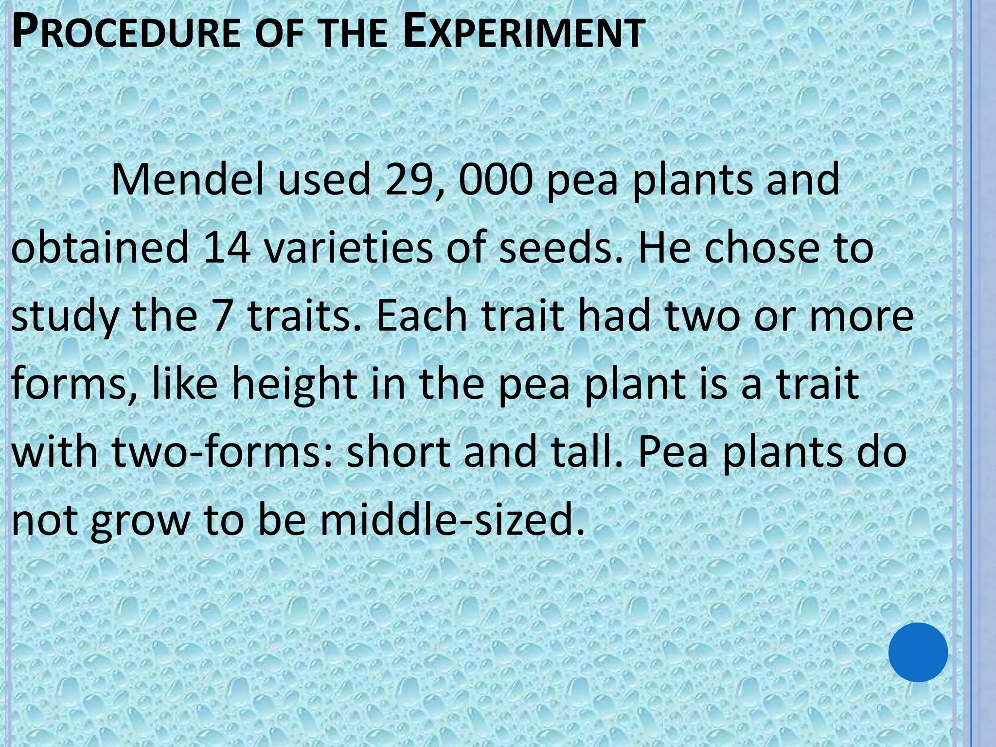 PROCEDURE OF THE EXPERIMENT

     Mendel used 29, 000 pea plants and
obtained 14 varieties of seeds. He chose to
study the 7 traits. Each trait had two or more
forms, like height in the pea plant is a trait
with two-forms: short and tall. Pea plants do
not grow to be middle-sized.
 