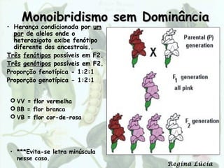Monoibridismo sem Dominância
• Herança condicionada por um
  par de alelos onde o            Ex.: cor das flores em
  heterozigoto exibe fenótipo
  diferente dos ancestrais..       Maravilha.
Três fenótipos possíveis em F2.    P vermelhas x brancas
Três genótipos possíveis em F2.
Proporção fenotípica - 1:2:1
Proporção genotípica - 1:2:1
                                      F1 100% rosas

  VV = flor vermelha
                                    F1 rosas x rosas
  BB = flor branca
  VB = flor cor-de-rosa           F2 25% vermelhas
                                      50% rosas
                                      25% brancas
 • ***Evita-se letra minúscula
   nesse caso.
                                              Regina Lúcia
 