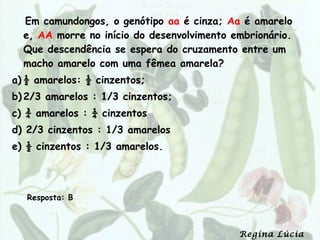 Em camundongos, o genótipo aa é cinza; Aa é amarelo
  e, AA morre no início do desenvolvimento embrionário.
  Que descendência se espera do cruzamento entre um
  macho amarelo com uma fêmea amarela?
a) ½ amarelos: ½ cinzentos;
b) 2/3 amarelos : 1/3 cinzentos;
c) ¾ amarelos : ¼ cinzentos
d) 2/3 cinzentos : 1/3 amarelos
e) ½ cinzentos : 1/3 amarelos.



   Resposta: B



                                            Regina Lúcia
 