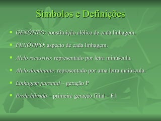 Símbolos e Definições
   GENÓTIPO: constituição alélica de cada linhagem.
   FENÓTIPO: aspecto de cada linhagem.
   Alelo recessivo: representado por letra minúscula.
   Alelo dominante: representado por uma letra maiúscula.
   Linhagem parental – geração P
   Prole híbrida – primeira geração filial – F1
 