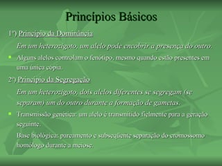 Princípios Básicos
1º) Princípio da Dominância
    Em um heterozigoto, um alelo pode encobrir a presença do outro.
   Alguns alelos controlam o fenótipo, mesmo quando estão presentes em
    uma única cópia.
2º) Princípio da Segregação
    Em um heterozigoto, dois alelos diferentes se segregam (se
    separam) um do outro durante a formação de gametas.
   Transmissão genética: um alelo é transmitido fielmente para a geração
    seguinte.
    Base biológica: pareamento e subseqüente separação do cromossomo
    homólogo durante a meiose.
 