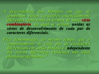 A descendência dos híbridos em que se
 combinam vários caracteres essencialmente
 diferentes representa os termos de uma série
 combinatória, na qual se acham unidas as
 séries de desenvolvimento de cada par de
 caracteres diferenciais.
Fica demonstrado, ao mesmo tempo, que o
  comportamento de cada par de caracteres
  diferenciais em união binária é independente
  das outras diferenças existentes nas duas
  plantas progenitoras.”
 