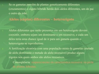 1.   Se os gametas provêm de plantas geneticamente diferentes
     (cruzamentos) o zigoto híbrido herda dois alelos diferentes, um do pai
     e outro da mãe.

     Alelos (cópias) diferentes – heterozigoto

3.   Alelos diferentes que estão presentes em um heterozigoto devem
     coexistir, embora sejam um dominante e um recessivo, e cada um
     deles teria uma chance igual de ir para um gameta quando o
     heterozigoto se reproduzisse.
4.   A fertilização aleatória com uma população mista de gametas (metade
     de alelo dominante e metade de alelo recessivo) produz alguns
     zigotos nos quais ambos são alelos recessivos.
        Conseqüência: reaparecimento da característica recessiva na prole
        de plantas híbridas.
 