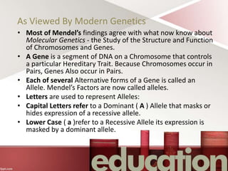 As Viewed By Modern Genetics
• Most of Mendel’s findings agree with what now know about
Molecular Genetics - the Study of the Structure and Function
of Chromosomes and Genes.
• A Gene is a segment of DNA on a Chromosome that controls
a particular Hereditary Trait. Because Chromosomes occur in
Pairs, Genes Also occur in Pairs.
• Each of several Alternative forms of a Gene is called an
Allele. Mendel’s Factors are now called alleles.
• Letters are used to represent Alleles:
• Capital Letters refer to a Dominant ( A ) Allele that masks or
hides expression of a recessive allele.
• Lower Case ( a )refer to a Recessive Allele its expression is
masked by a dominant allele.
 