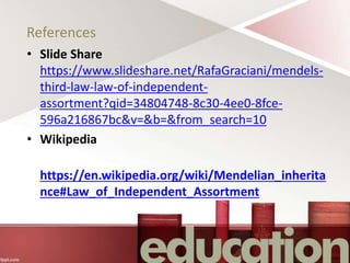 References
• Slide Share
https://www.slideshare.net/RafaGraciani/mendels-
third-law-law-of-independent-
assortment?qid=34804748-8c30-4ee0-8fce-
596a216867bc&v=&b=&from_search=10
• Wikipedia
https://en.wikipedia.org/wiki/Mendelian_inherita
nce#Law_of_Independent_Assortment
 