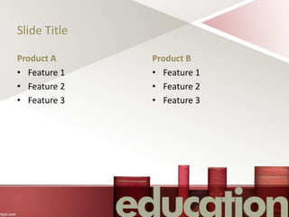 Slide Title
Product A
• Feature 1
• Feature 2
• Feature 3
Product B
• Feature 1
• Feature 2
• Feature 3
 