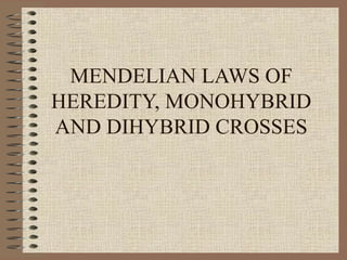 MENDELIAN LAWS OF
HEREDITY, MONOHYBRID
AND DIHYBRID CROSSES
 