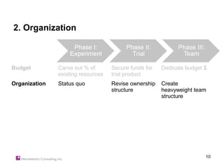 2. Organization



Budget         Carve out % of       Secure funds for   Dedicate budget $
               existing resources   trial product
Organization   Status quo           Revise ownership   Create
                                    structure          heavyweight team
                                                       structure




                                                                       10
 