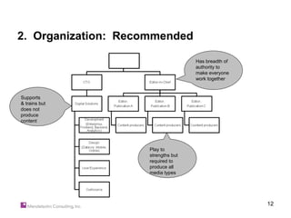 2. Organization: Recommended

                                     Has breadth of
                                     authority to
                                     make everyone
                                     work together


Supports
& trains but
does not
produce
content




                     Play to
                     strengths but
                     required to
                     produce all
                     media types




                                                      12
 