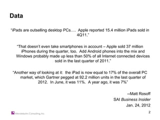 Data

“iPads are outselling desktop PCs…. Apple reported 15.4 million iPads sold in
                                    4Q11.”

   “That doesn’t even take smartphones in account – Apple sold 37 million
     iPhones during the quarter, too. Add Android phones into the mix and
   Windows probably made up less than 50% of all Internet connected devices
                        sold in the last quarter of 2011.”

 “Another way of looking at it: the iPad is now equal to 17% of the overall PC
     market, which Gartner pegged at 92.2 million units in the last quarter of
              2012. In June, it was 11%. A year ago, it was 7%”

                                                                 --Matt Rosoff
                                                          SAI Business Insider
                                                                Jan. 24, 2012
                                                                                 2
 