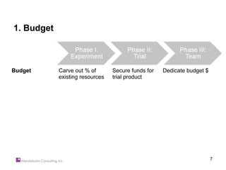 1. Budget



Budget      Carve out % of       Secure funds for   Dedicate budget $
            existing resources   trial product




                                                                        7
 