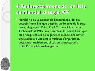 4-Redescobriment de les lleis
de Mendel al segle XX
 Mendel  no es va adonar de l'importància del seu
 descobriment fins que després de 16 anys de la seva
 mort, Hugo que Vries, Carl Correns i Erich von
 Tschermak al 1915 van descobrir les seves lleis i que
 els principis bàsics de la genètica mendeliana havien
 sigut aplicats a una àmplia varietat d'organismes,
 destacant notablement el cas de la mosca de la
 fruita Drosophila melanogaster.
 